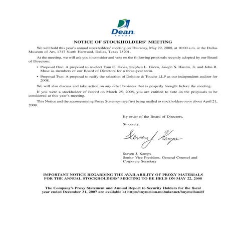 dean foods Fisca l2007 Proxy Statemen tFINAL