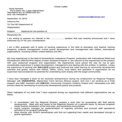 Saraj Hameed CV and Cover Letter,.