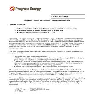progress energy Q1 04 earnings release