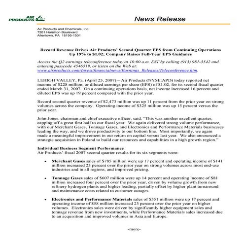 air products & chemicals fy 07 q2