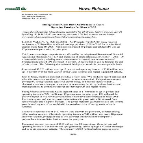 air products & chemicals FY 06 Q3 Earnings