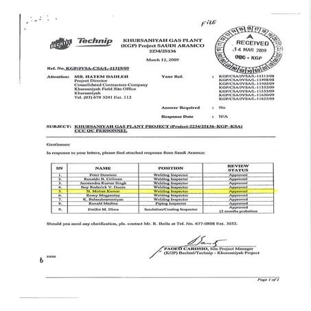 SAUDI Aramco SAP Approved Letter