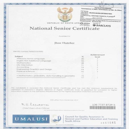 National Senior Certificate Jhon Thatcher | PDF