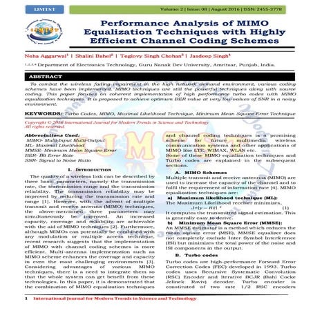 Performance Analysis of MIMO Equalization Techniques with Highly Efficient Ch...