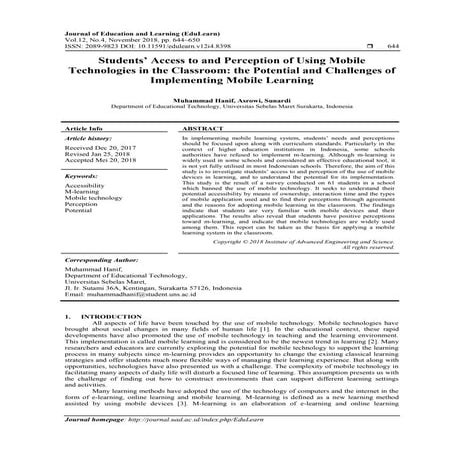 Students’ Access to and Perception of Using Mobile Technologies in the Classr...