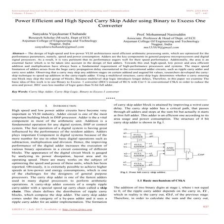 Power Efficient and High Speed Carry Skip Adder using Binary to Excess One Co...