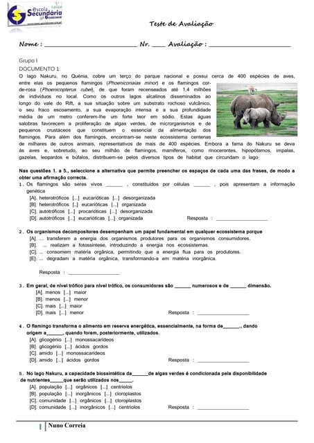 Teste de Avaliação nr. 1 (Biologia ...