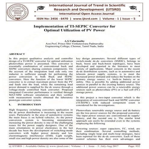 Implementation of TI-SEPIC Converter for Optimal Utilization Of PV Power