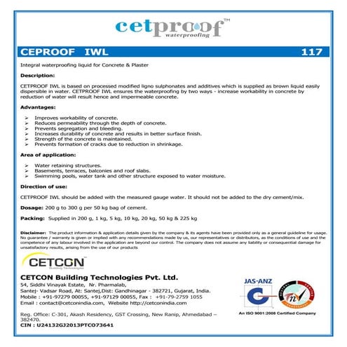 Integral waterproofing liquid for Concrete & Plaster | PDF