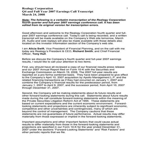 Realogy_Q4_2007_Investor_Call_Transcript_03_24_08FINAL