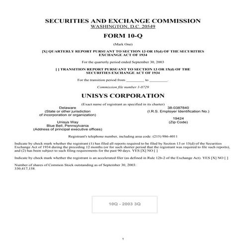 unisys 2003_3Q_10Q