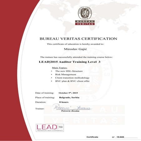 Auditor Training Level 3 - Certificate F2F Miroslav Gajic