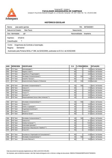 Historico escolar anhanguera