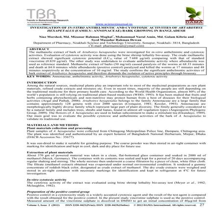 INVESTIGATION OF IN-VITRO ANTHELMINTIC AND CYTOTOXIC ACTIVITIES OF ARTABOTRYS...