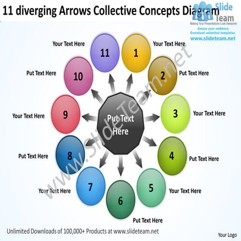 11 diverging arrows collective concepts diagram circular spoke power point te...