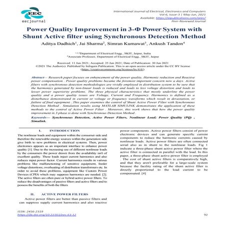 Power Quality Improvement in 3-Φ Power System with Shunt Active filter using ...