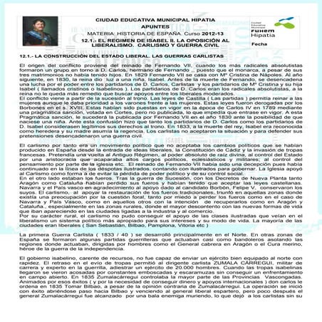 12.1.  la construcción del estado liberal. las guerras carlistas.  una redacción curso 2012-13 hipatia