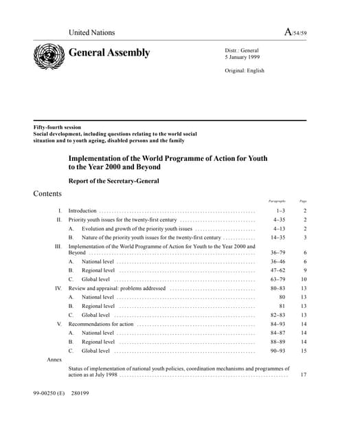 1999 - Implementation of the World Programme of Action for Youth to the Year 2000 and Beyond (A/54/59)