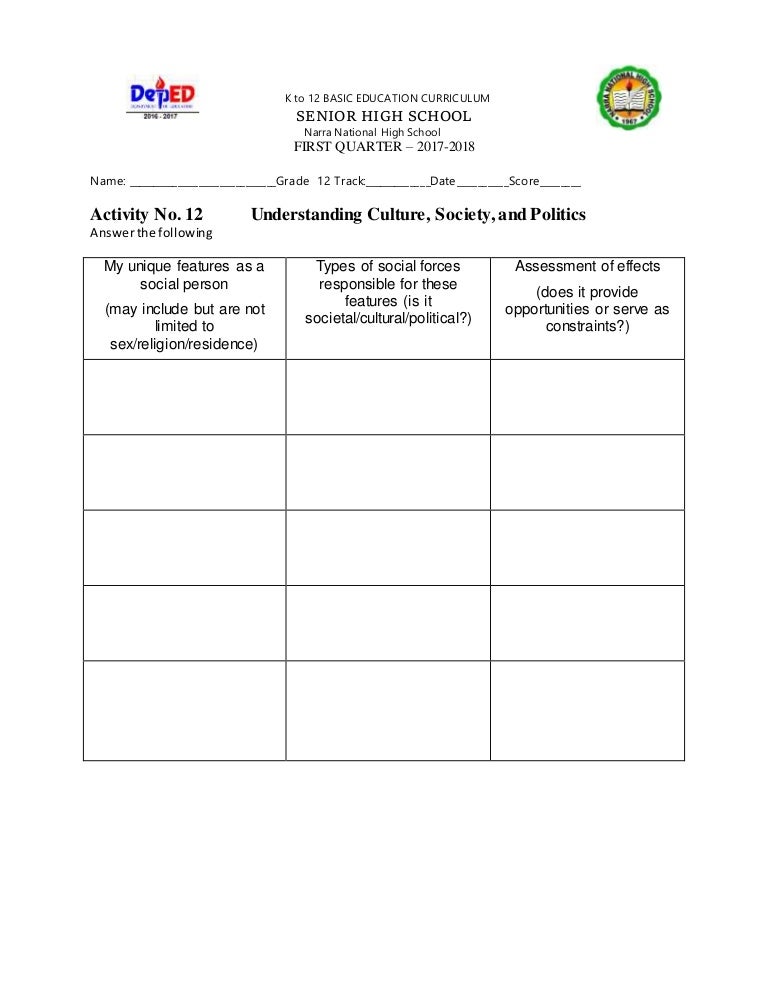 12Understanding Culture, Society & Politics ACTIVITY SHEETS
