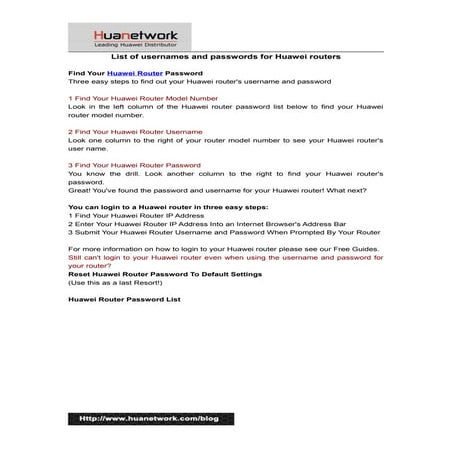 List of usernames and passwords for Huawei routers