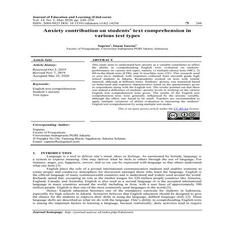 Anxiety contribution on students’ text comprehension in various test types