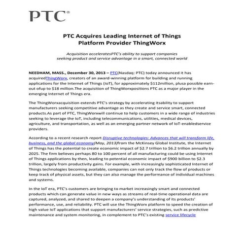PTC Acquires Leading Internet of Things Platform Provider ThingWorx