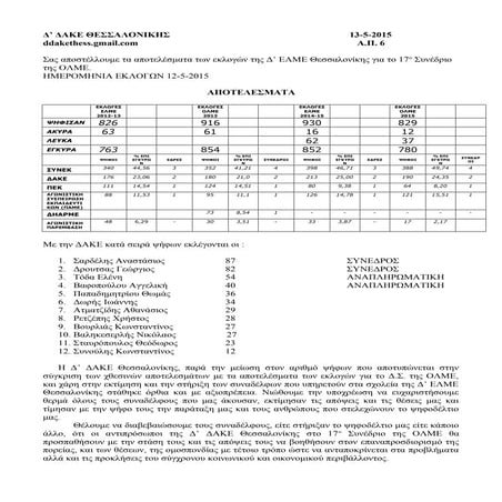 αποτελεσματα εκλογων δ' ελμε θεσσαλονικησ 12 5-2015 για 17ο συνεδριο ολμε - α1