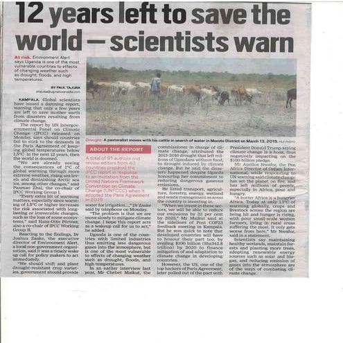 12 years-left-to-save-the-world-scientists-warn -- as Published in the New Vision of 8th October 2018.