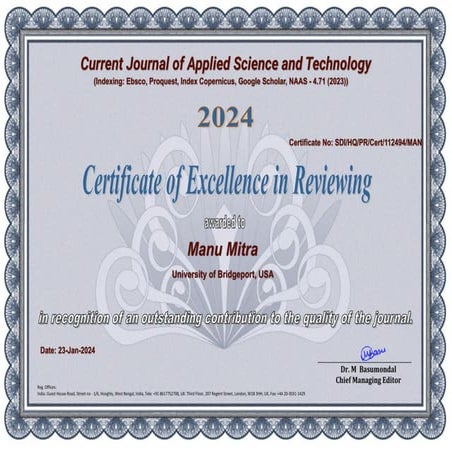 120. Reviewer Certificate in Current Journal of Applied Science and ...
