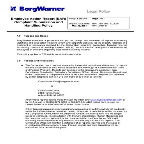 borg warner   employee_action_report_policy