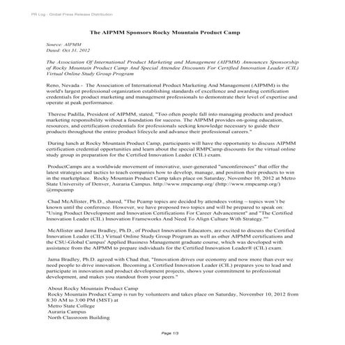 Press Release: AIPMM Sponsors Rocky Mountain Product Camp