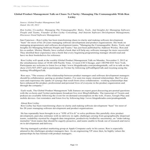 Global Product Management Talk on Chaos To Clarity: Managing The Unmanageable...