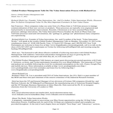 Global Product Management Talk On The Press Release: Value Innovation Process...