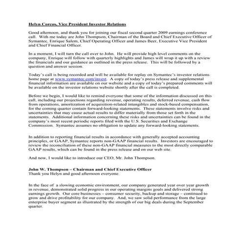 symantec 2QFY09EarningsPreparedRemarks