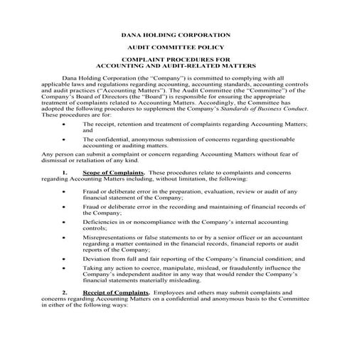 dana holdings AuditCommitteeAccountingComplaintsPolicy_013108