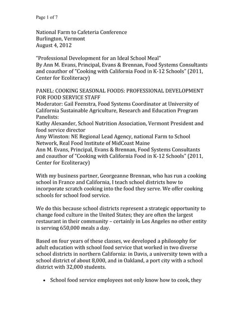 COOKING SEASONAL FOODS: PROFESSIONAL DEVELOPMENT FOR FOOD SERVICE STAFF