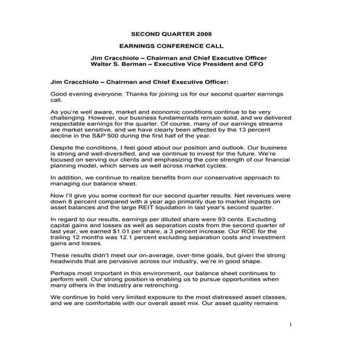 ameriprise SECONDQUARTER2008postedTalkingpoints