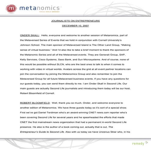 121007 Journalists On Entrepreneurs Metanomics Transcript