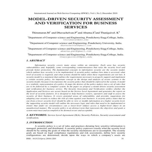 MODEL-DRIVEN SECURITY ASSESSMENT AND VERIFICATION FOR BUSINESS SERVICES 