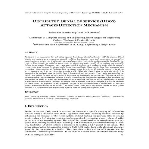 DISTRIBUTED DENIAL OF SERVICE (DDOS) ATTACKS DETECTION MECHANISM | PDF