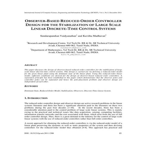 OBSERVER-BASED REDUCED ORDER CONTROLLER DESIGN FOR THE STABILIZATION OF LARGE...