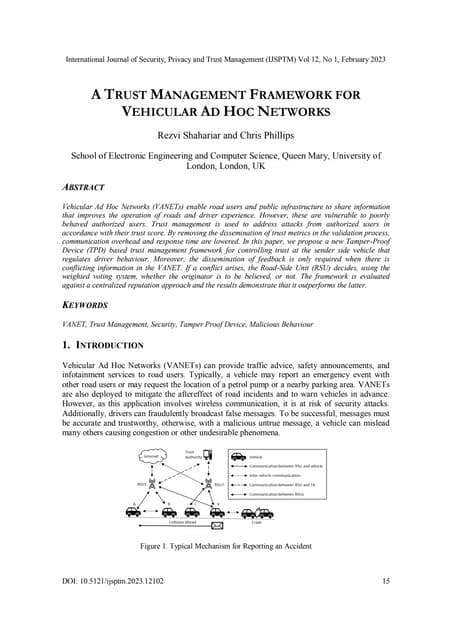 A TRUST MANAGEMENT FRAMEWORK FOR VEHICULAR AD HOC NETWORKS