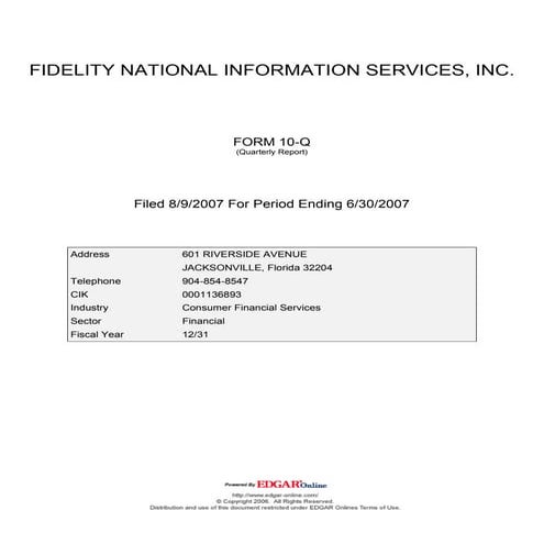 fidelity national information  2nd Quarter 2007 10Q