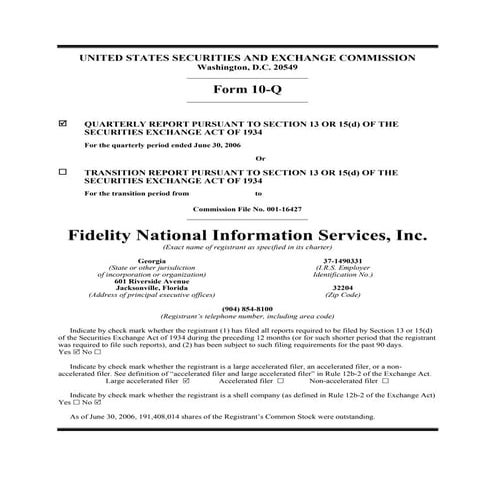 fidelity national information  2nd Quarter 2006 10Q