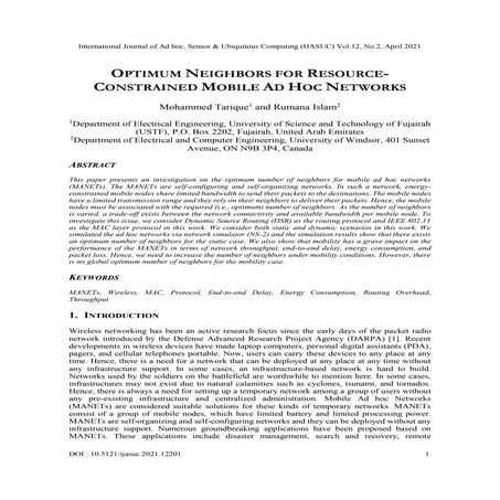 OPTIMUM NEIGHBORS FOR RESOURCECONSTRAINED MOBILE AD HOC NETWORKS