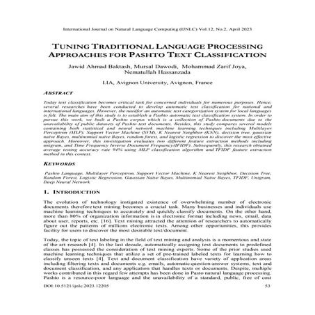 TUNING TRADITIONAL LANGUAGE PROCESSING APPROACHES FOR PASHTO TEXT CLASSIFICATION