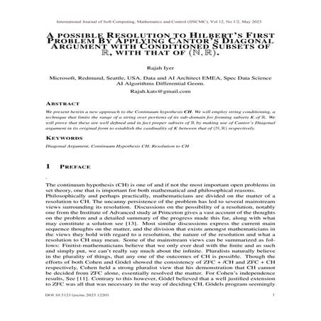 A POSSIBLE RESOLUTION TO HILBERT’S FIRST PROBLEM BY APPLYING CANTOR’S DIAGONA...