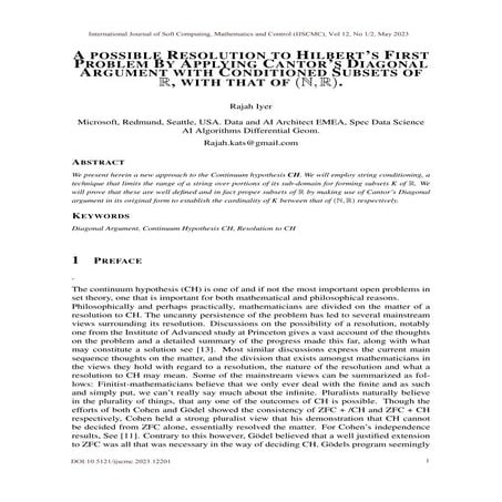 A POSSIBLE RESOLUTION TO HILBERT’S FIRST PROBLEM BY APPLYING CANTOR’S DIAGONA...