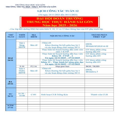 LỊCH CÔNG TÁC TUẦN 12 (Từ ngày 24/11/2025 đến 30/11/2025)