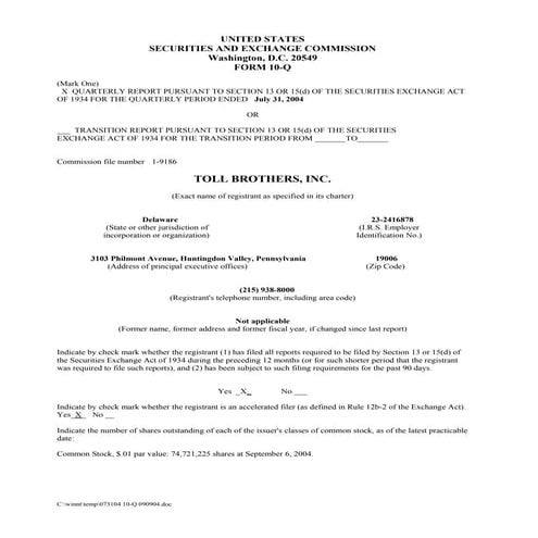  tollbrothers   10QJuly2004